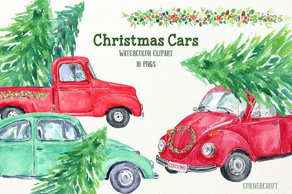 复古水彩小汽车圣诞树花环插画素材1
