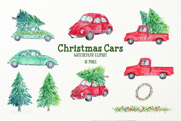 复古水彩小汽车圣诞树花环插画素材3