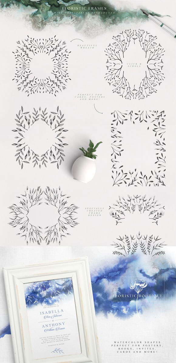 简约手绘植物叶子花框水彩纹理图案装饰素材3