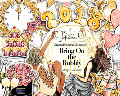 唯美水彩庆祝新年时尚女孩糕点香槟花卉气球派对插画