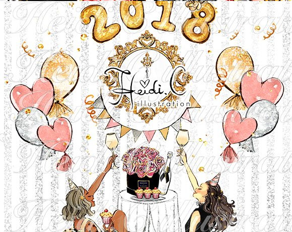 唯美水彩庆祝新年时尚女孩糕点香槟花卉气球派对插画2