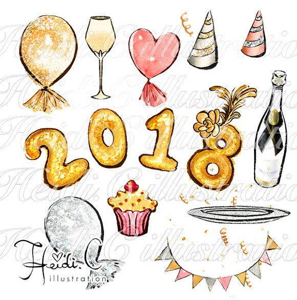 唯美水彩庆祝新年时尚女孩糕点香槟花卉气球派对插画3