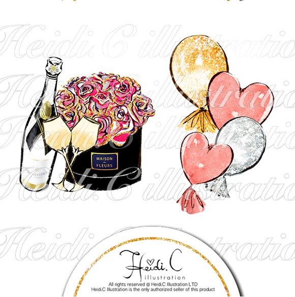 唯美水彩庆祝新年时尚女孩糕点香槟花卉气球派对插画8