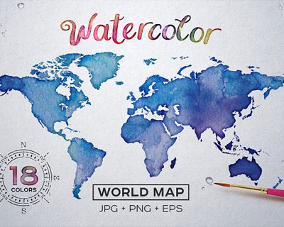 水彩画世界地图PNG+EPS矢量素材