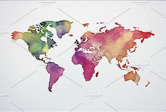 水彩画世界地图PNG+EPS矢量素材2