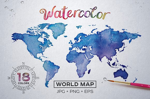 水彩画世界地图PNG+EPS矢量素材1