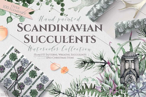 小清新北欧风格圣诞多肉植物花环插画素材1