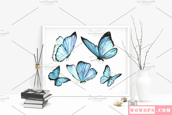 水彩手绘蓝色蝴蝶图案插图素材6