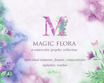 水彩婚礼装饰唯美花卉植物花环花边字母插画素材