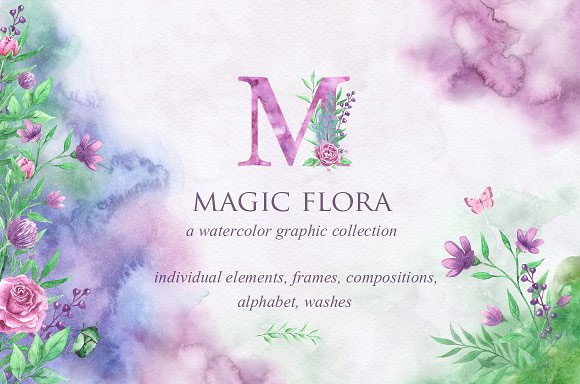 水彩婚礼装饰唯美花卉植物花环花边字母插画素材1