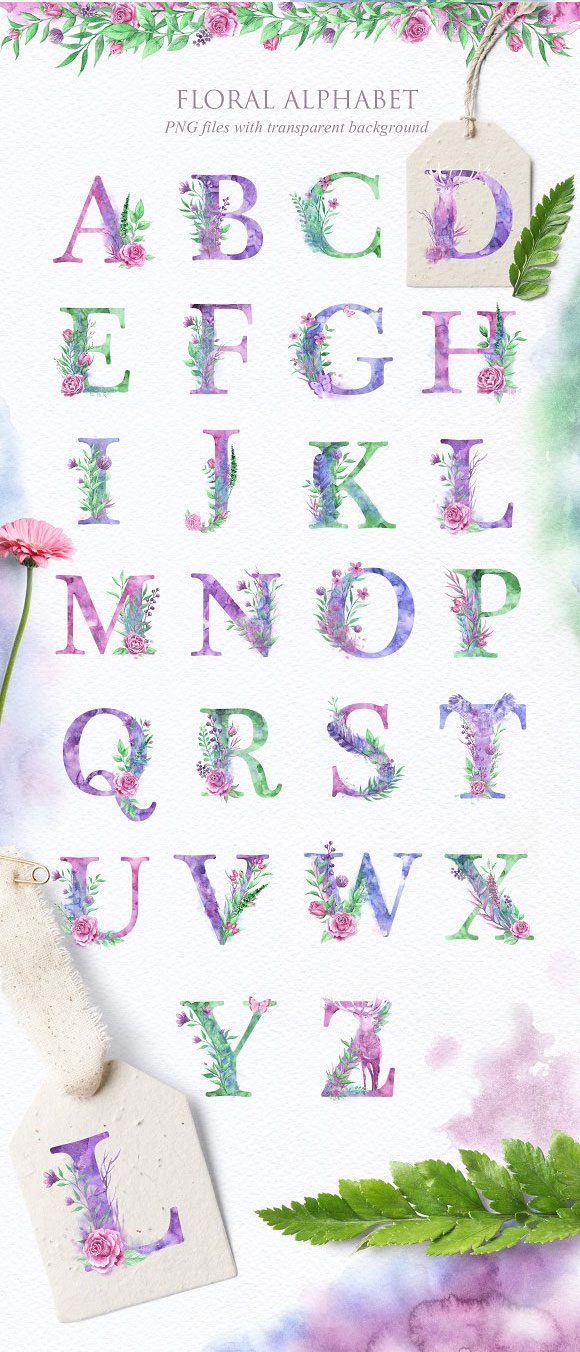 水彩婚礼装饰唯美花卉植物花环花边字母插画素材4