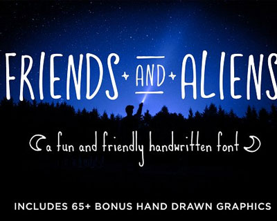 Friends and Aliens可爱英文字体+儿童涂鸦装饰元素下载