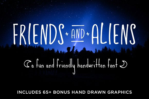 Friends and Aliens可爱英文字体+儿童涂鸦装饰元素下载1