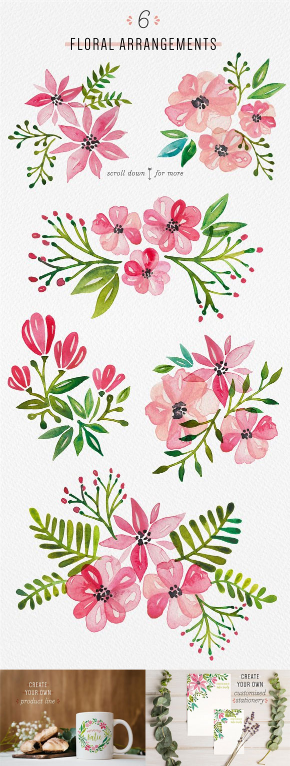 水彩小清新花卉花朵叶子婚礼装饰花边花环素材10