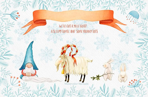 唯美水彩冬季圣诞节贺卡花卉小矮人兔子插画素材3