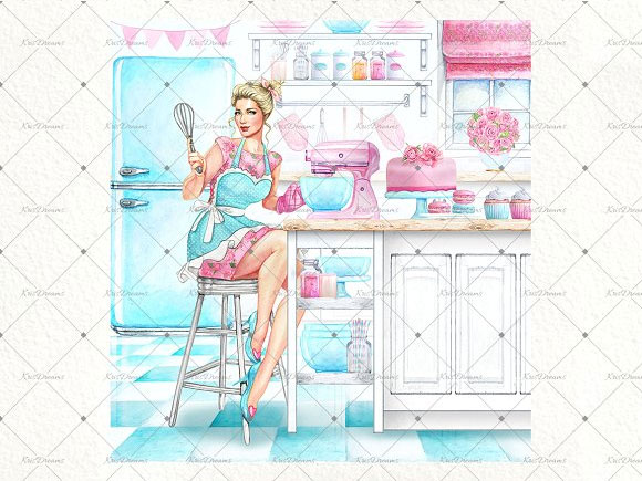水彩复古厨房烘焙烹饪蛋糕时尚女孩插画素材3