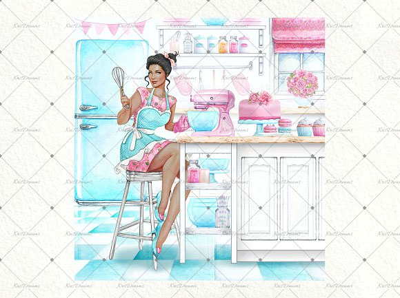 水彩复古厨房烘焙烹饪蛋糕时尚女孩插画素材2