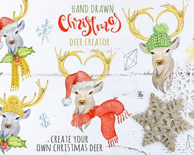 水彩冬季圣诞节装饰鹿剪贴画插图素材