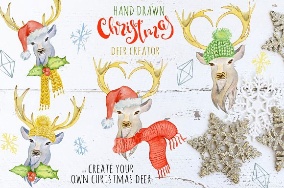 水彩冬季圣诞节装饰鹿剪贴画插图素材1