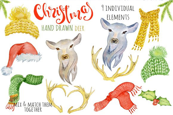 水彩冬季圣诞节装饰鹿剪贴画插图素材2