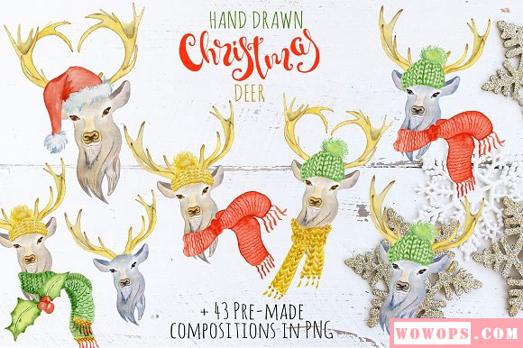 水彩冬季圣诞节装饰鹿剪贴画插图素材3