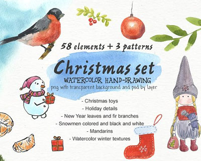 圣诞新年水彩鸟雪人礼物植物浆果插画素材