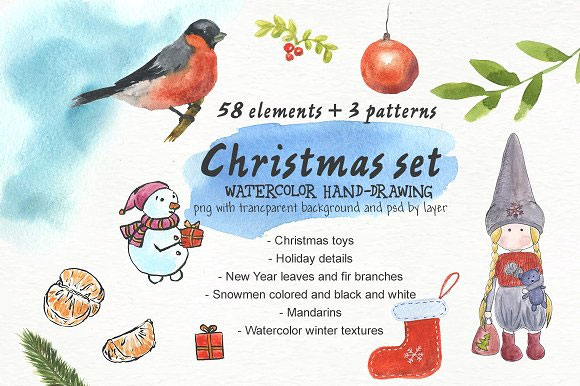 圣诞新年水彩鸟雪人礼物植物浆果插画素材1