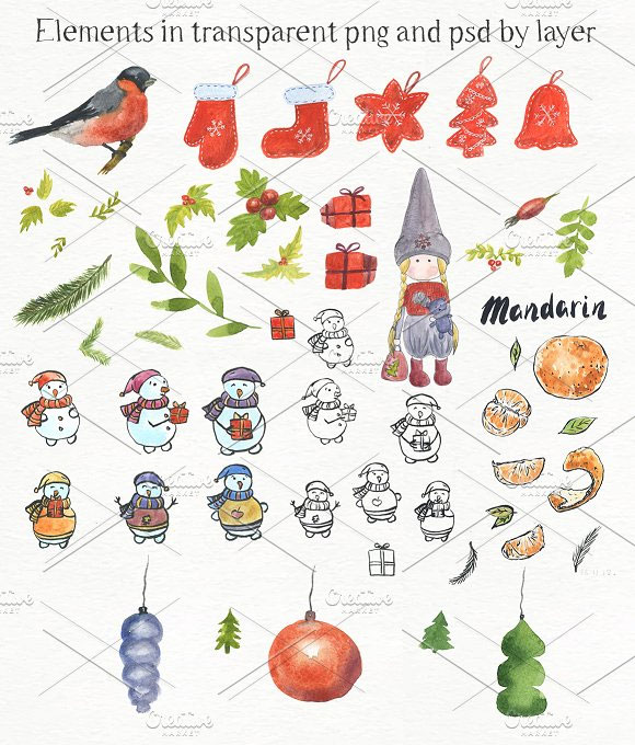圣诞新年水彩鸟雪人礼物植物浆果插画素材2