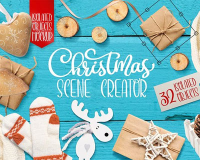 圣诞节模拟场景礼物盒手套围巾丝带等装饰素材