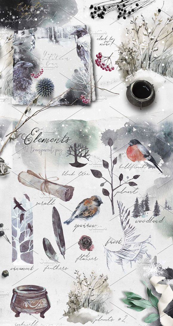 手绘水彩复古冬季森林植物树木鸟插画素材2