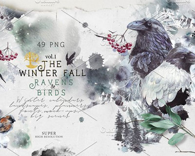 水彩水墨画冬季森林乌鸦鸟插画日历模板