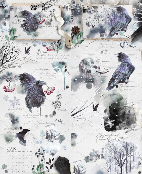水彩水墨画冬季森林乌鸦鸟插画日历模板2