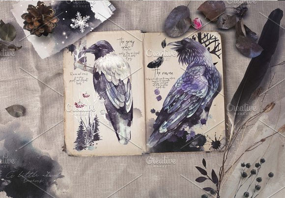 水彩水墨画冬季森林乌鸦鸟插画日历模板4