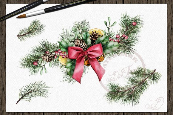 水彩圣诞一品红植物铃铛花环装饰插画素材2