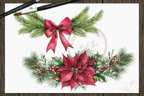 水彩圣诞一品红植物铃铛花环装饰插画素材5