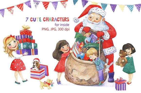 圣诞冬季儿童女孩男孩玩耍圣诞老人礼物插画素材3