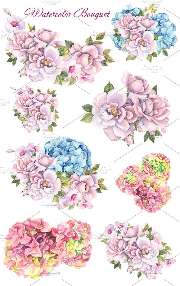唯美水彩绣球花朵花卉植物花框插画素材2