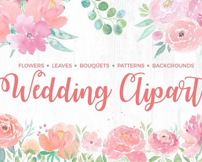 手绘水彩粉嫩婚礼花卉花簇卡片背景素材