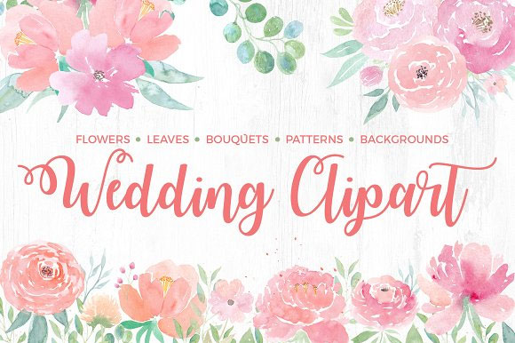 手绘水彩粉嫩婚礼花卉花簇卡片背景素材 窝窝素材站