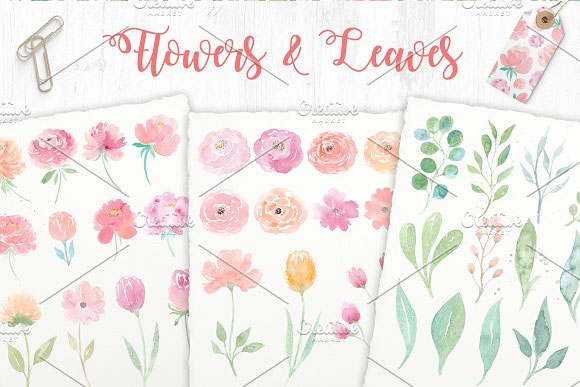 手绘水彩粉嫩婚礼花卉花簇卡片背景素材2