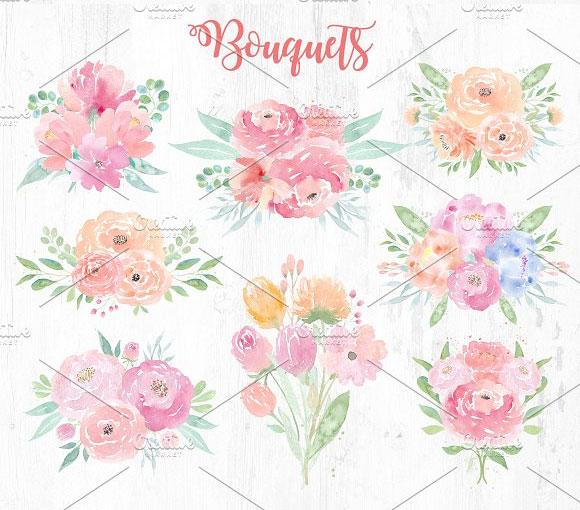 手绘水彩粉嫩婚礼花卉花簇卡片背景素材4