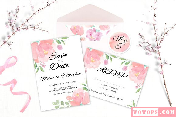 手绘水彩粉嫩婚礼花卉花簇卡片背景素材5