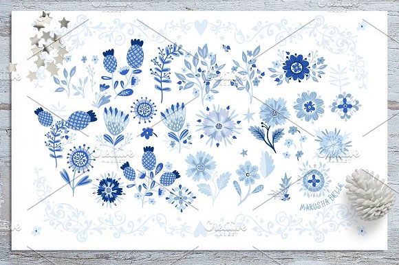 蓝色小清新花卉花环植物装饰背景素材14