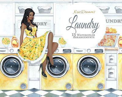 水彩洗衣家务家庭妇女图案插画素材