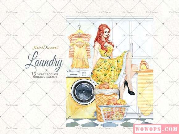 水彩洗衣家务家庭妇女图案插画素材6