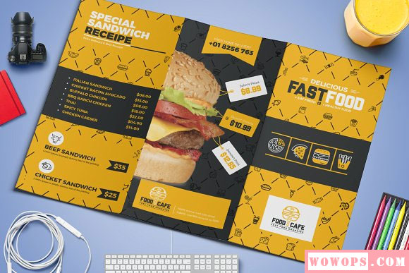 简单创意快餐餐厅三折页宣传单设计模板5