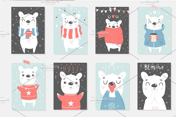 冬季卡通可爱北极熊插画卡片明信片设计4