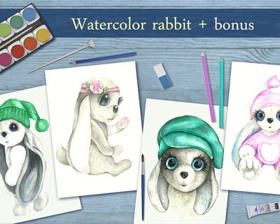 水彩画卡通复活节可爱兔子素材
