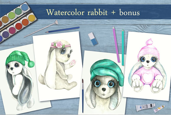 水彩画卡通复活节可爱兔子素材1
