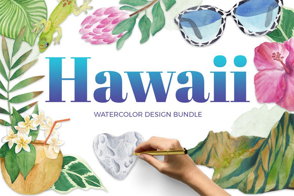 夏威夷水彩画度假旅游植物花卉插图设计1